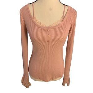 NEW* Sweet Rain Ribbed Scoop-Neck Lace-Trim Long Sleeve Top - Dusty Rose